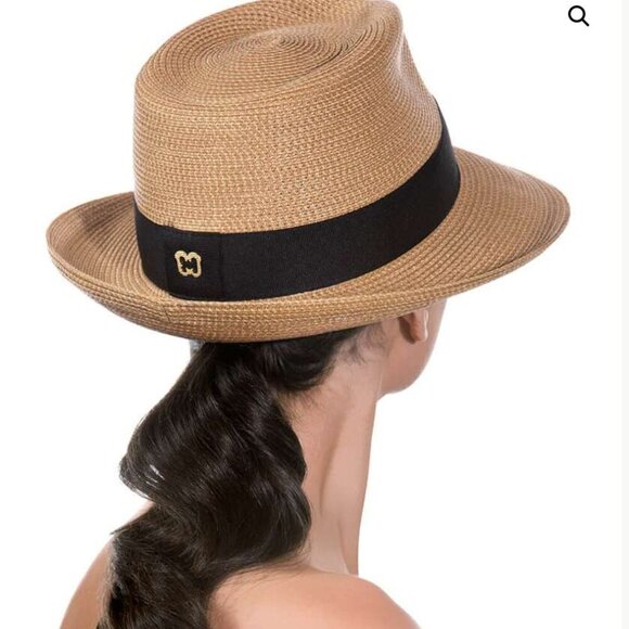 Eric Javits Fedora Packable Hat Straw Tan Brown Black Ribbon Sun Protection UPF - Picture 3 of 10